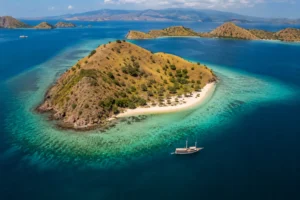Aerial view of Kelor Island and its turquoise waters near Labuan Bajo