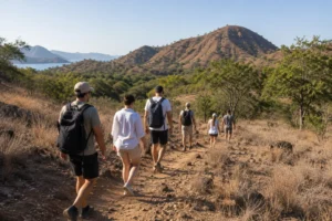 Visitors hiking with a ranger on a Komodo Island trail