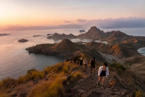 Travelers hiking Padar Island before sunrise in Komodo National Park