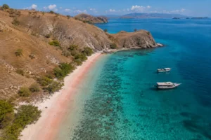 Aerial view of Pink Beach and turquoise water in Komodo National Park