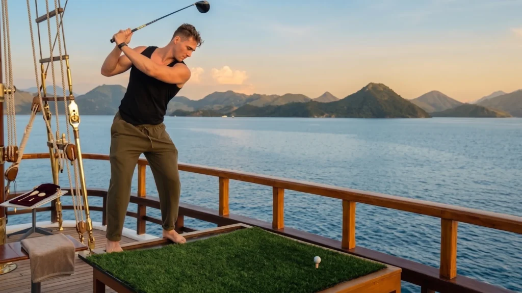 Guest teeing off from the golf deck of The Maj Oceanic phinisi at sunset over Komodo waters