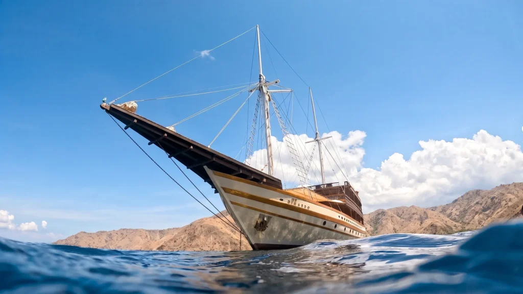 Bow view of The Maj Oceanic traditional phinisi yacht cruising past Komodo islands under clear skies
