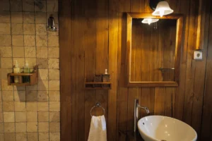 Ensuite bathroom in a lower-deck cabin aboard Amira