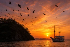 Flying foxes leaving Kalong Island at sunset, the day 1 overnight anchorage on a Komodo 3D2N tour