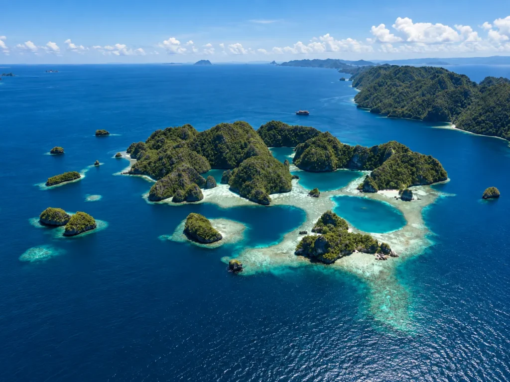 Aerial view of forested karst islands and turquoise lagoons in Raja Ampat