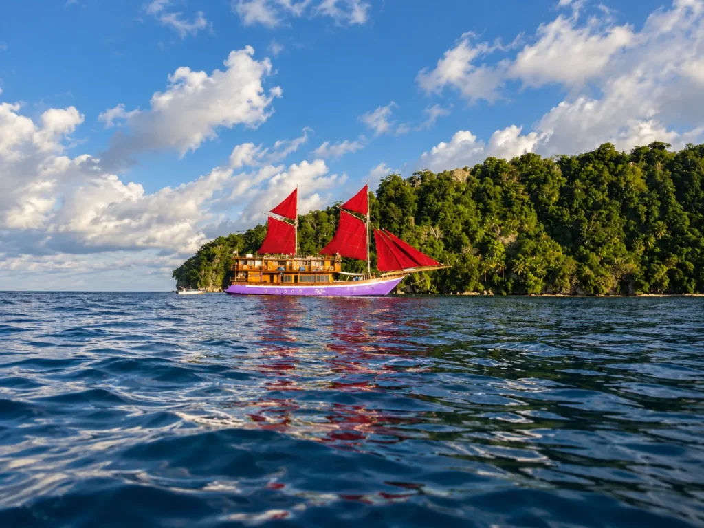 Neomi Cruise with red sails raised close to a forested island shore