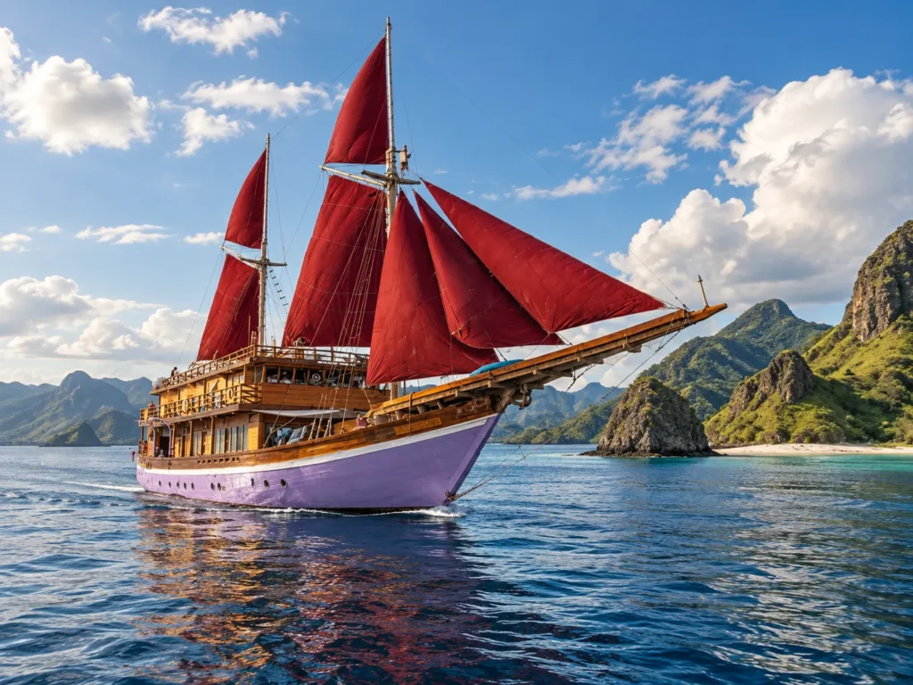 Neomi Cruise under red sails in front of limestone islands in Raja Ampat
