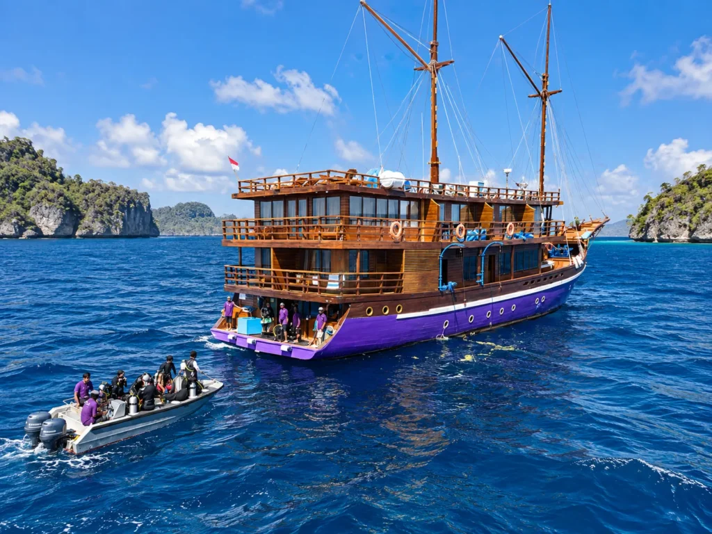Tender full of divers pulling away from Neomi Cruise beside a green island