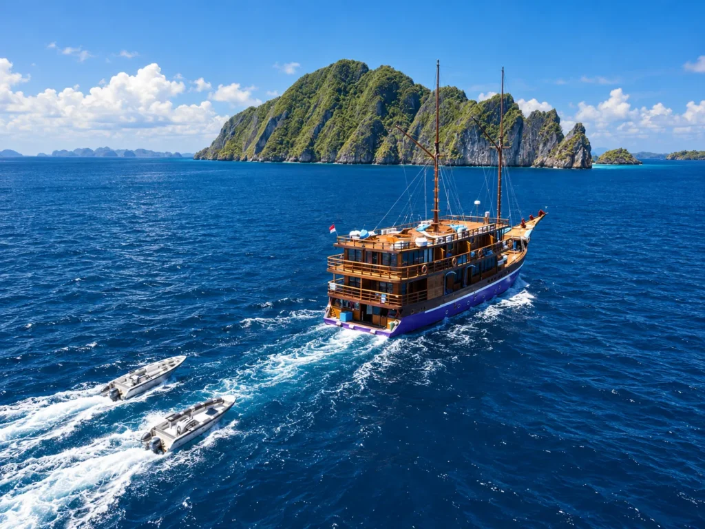 Neomi Cruise moving with two speedboats alongside near a karst island
