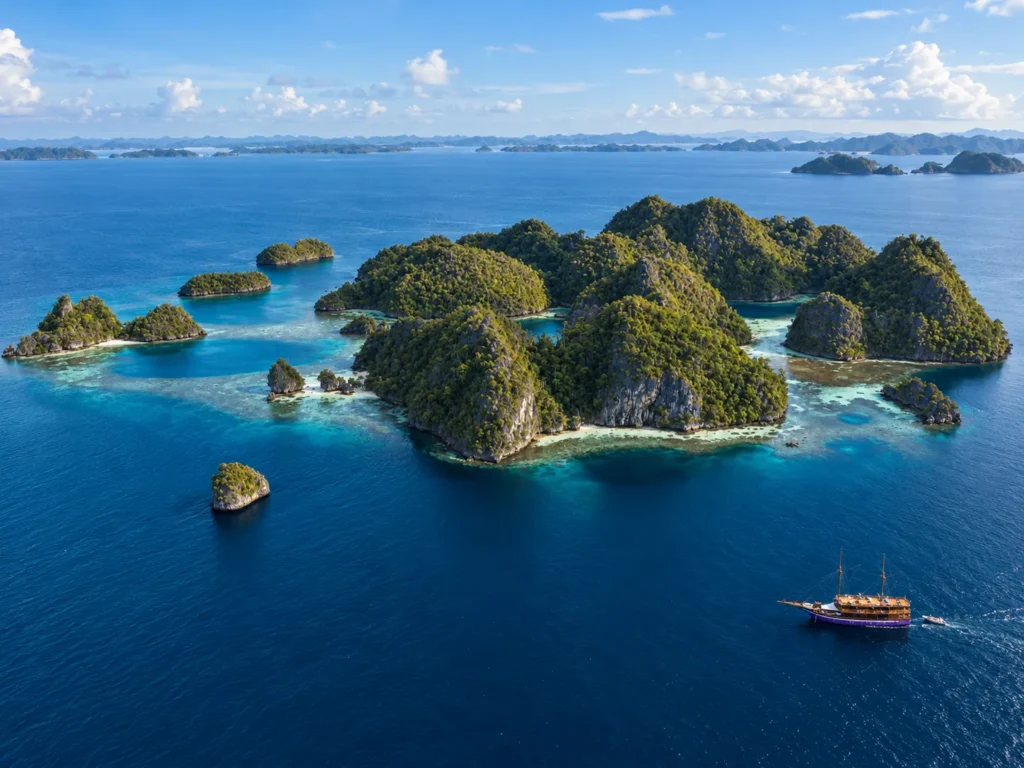 Distant Neomi Cruise anchored beyond clustered karst islands and shallow reefs
