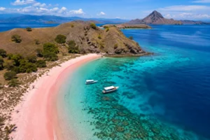 Aerial view of Pink Beach on Komodo Island, the blush sand meeting turquoise shallows inside a sheltered bay