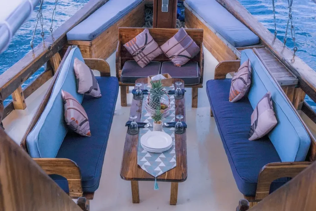 Dining area aboard Abizar phinisi