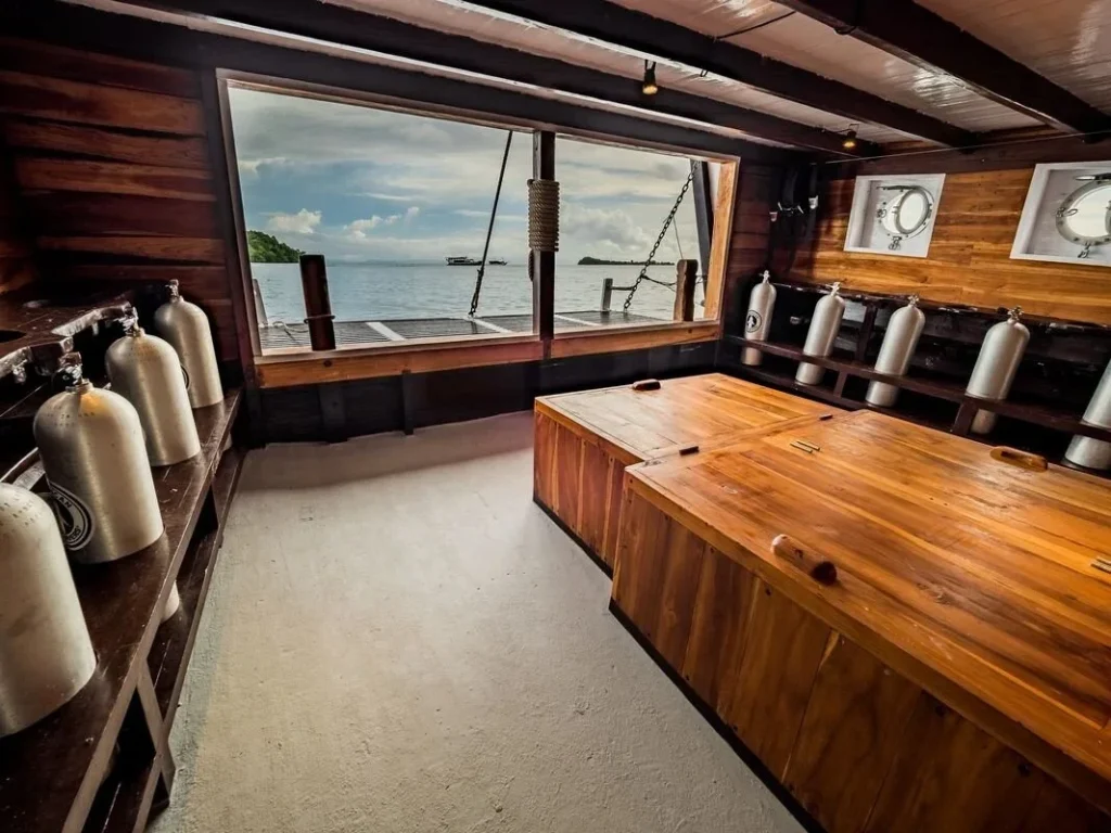 Dive deck with scuba tanks aboard Akomo Isseki