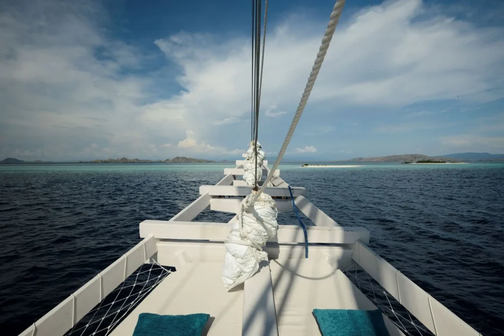 White lounge seating on Alexa's foredeck