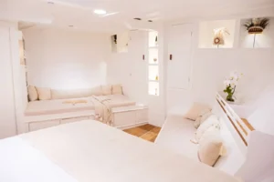 Interior of the Asmat bow cabin aboard Aliikai Voyage