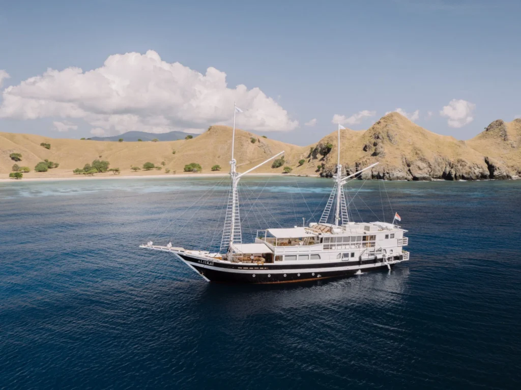 Aerial side view of Aliikai Voyage cruising near Komodo