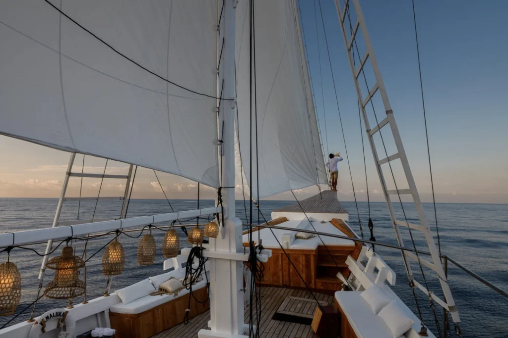 Aliikai Voyage deck and rigging seen beneath raised sails