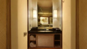 Vanity and storage area in the Sriwijaya Master Suite aboard Alila Purnama