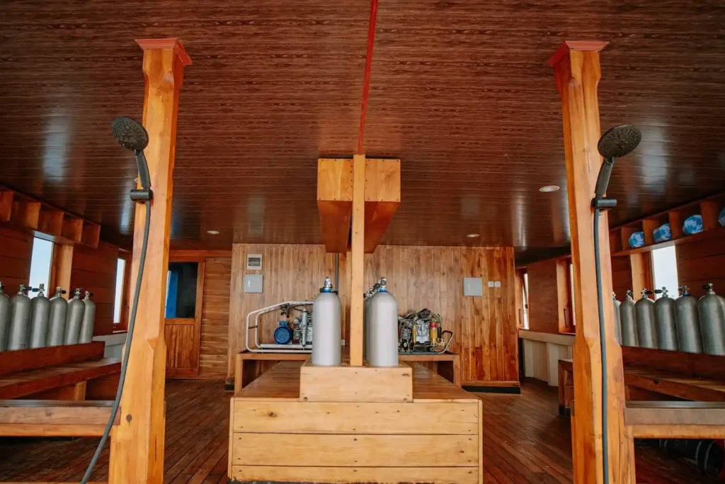 Dive gear station aboard Alore