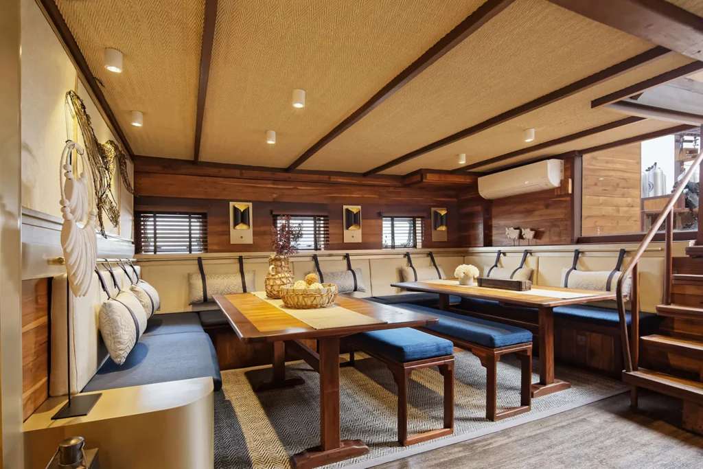 Dining table set for a meal aboard Amaya Explorer
