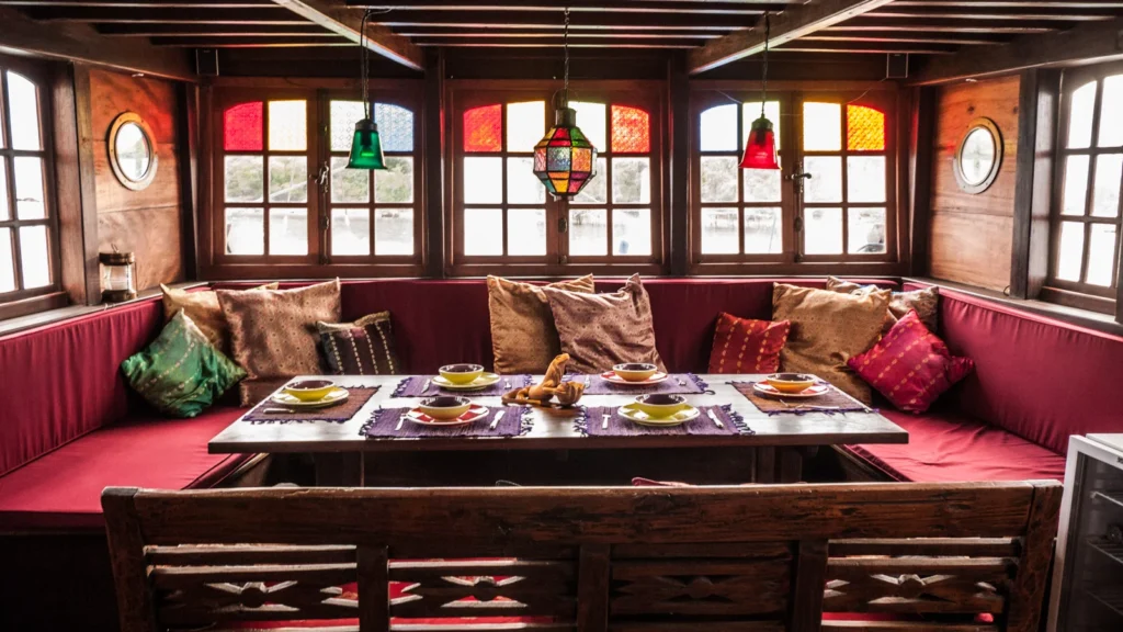 Wooden indoor saloon and dining table aboard Ananda