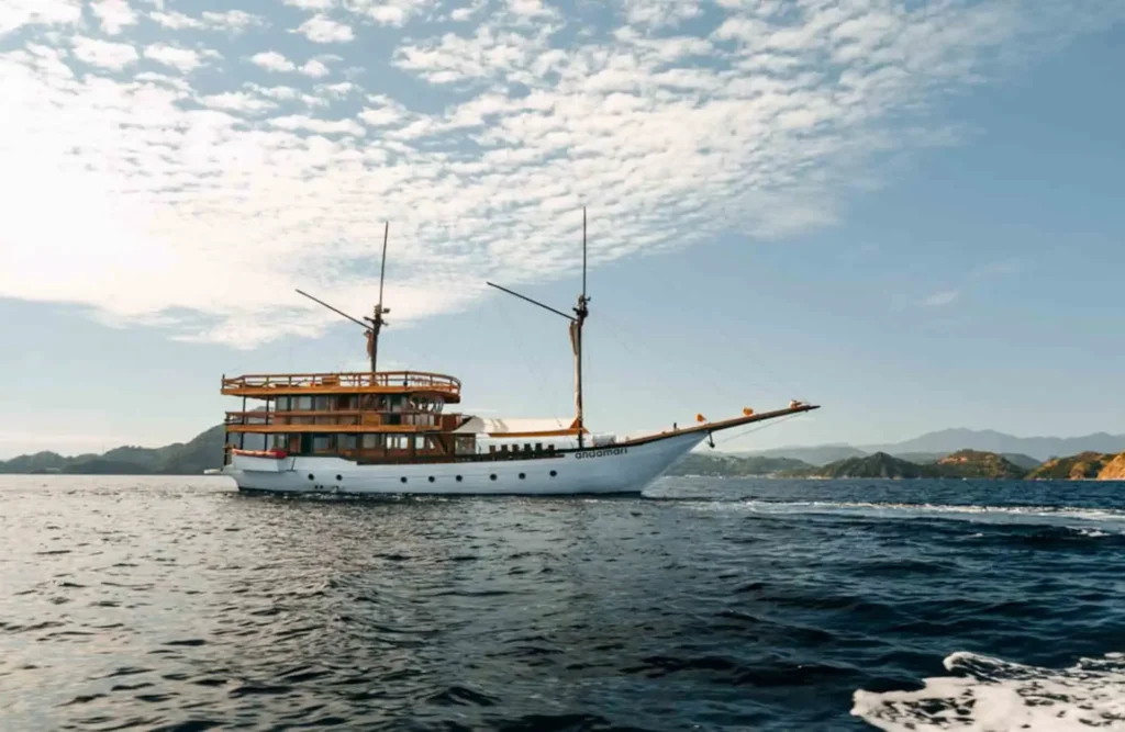 Andamari at anchor, showing the unusually broad 7.95-metre beam
