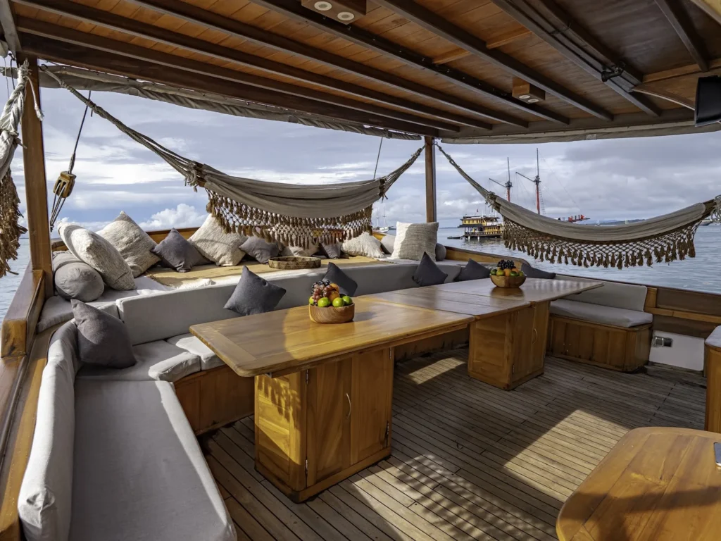 Open-air aft dining area aboard Anne Bonny