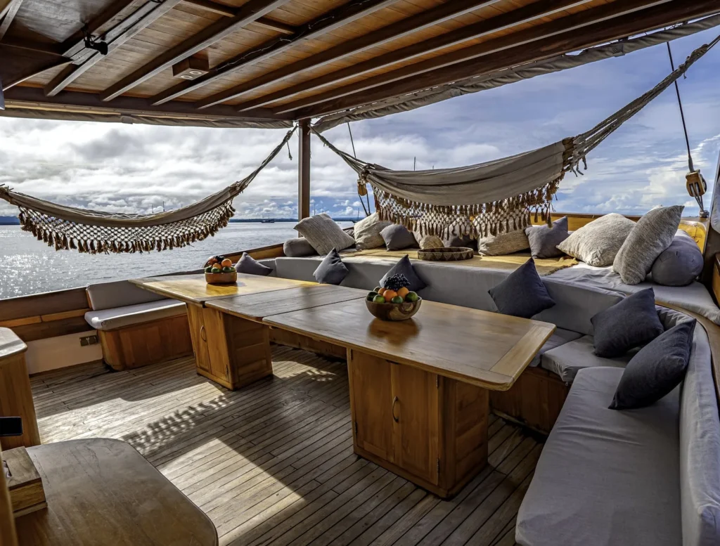 Plush deck seating aboard Anne Bonny
