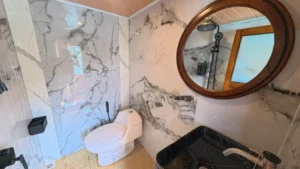 Private bathroom in a Suite Panoramic Balcony cabin aboard Arfisyana 2