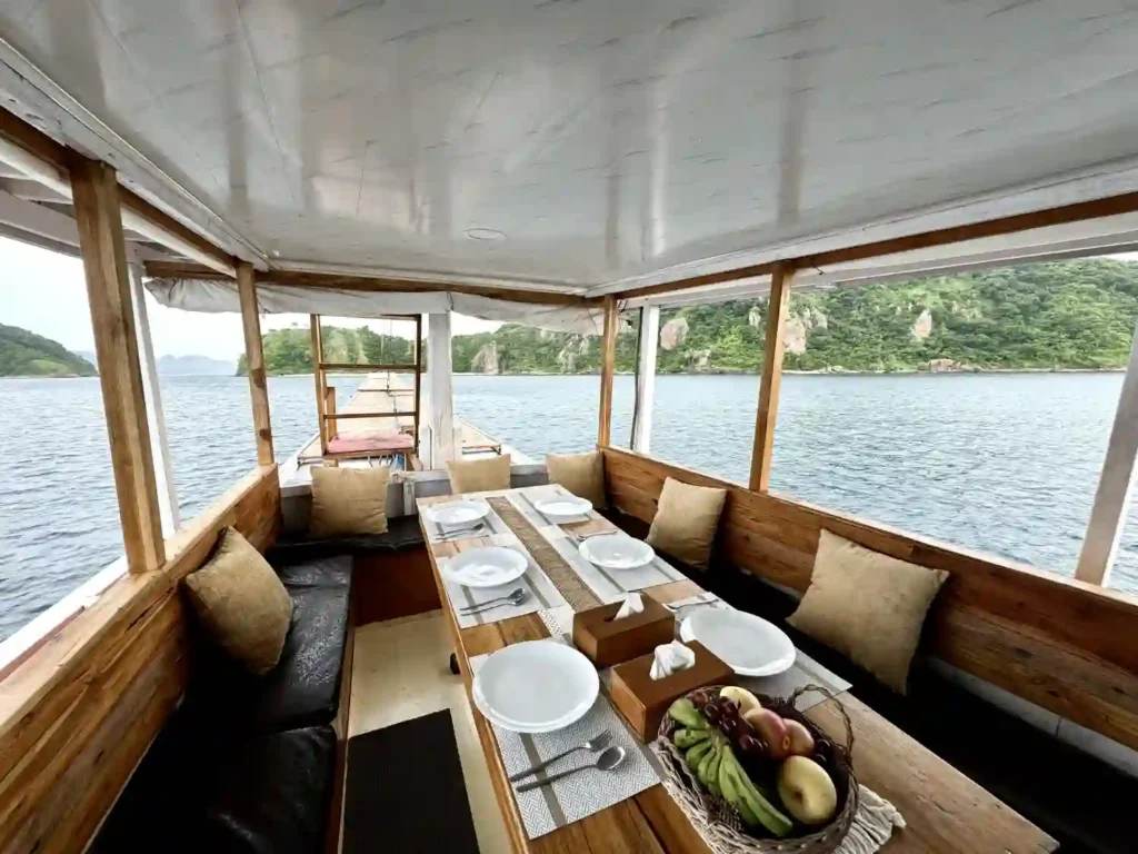 Dining area aboard Arham Jaya 2 phinisi