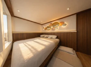 Deluxe Cabin queen bedroom aboard Aura Suci
