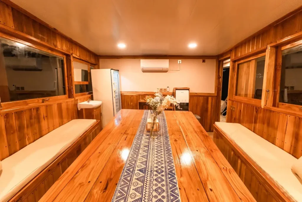 Second view of the indoor dining area aboard Ayvara