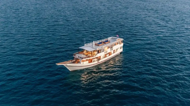Aerial view of the Ayvara boat cruising on deep blue sea