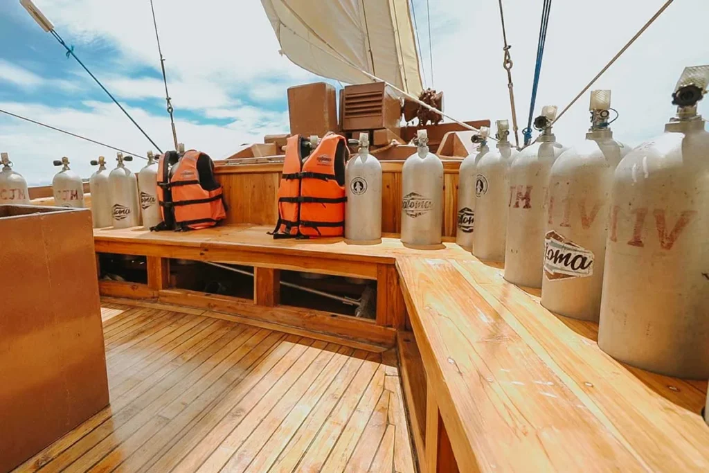 Dive equipment area aboard Cajoma IV phinisi
