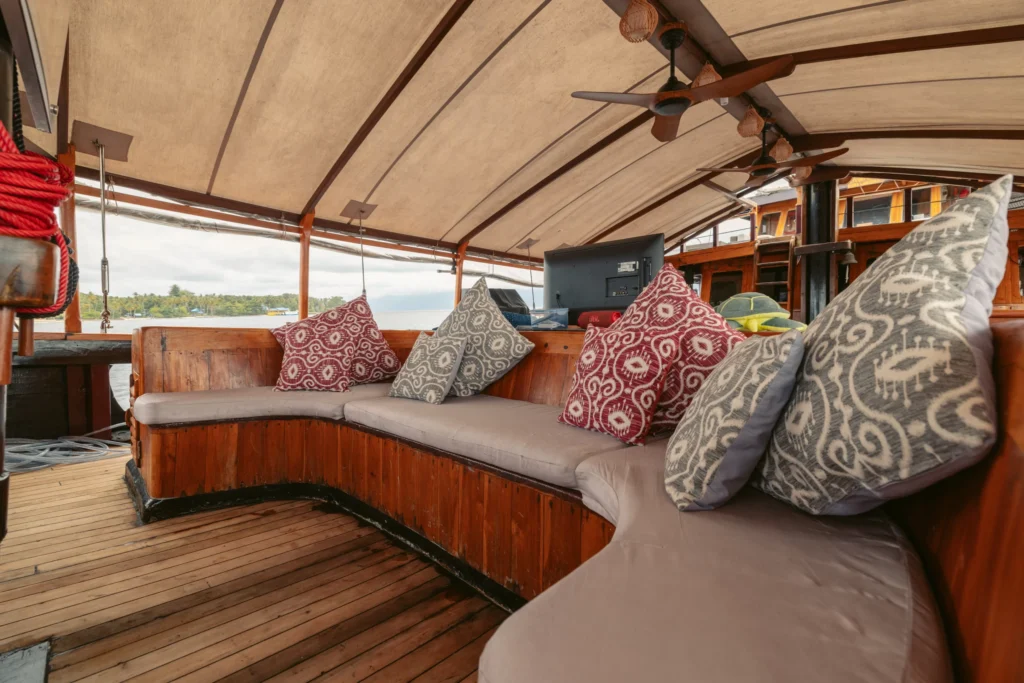 Forward sofa seating aboard Calico Jack