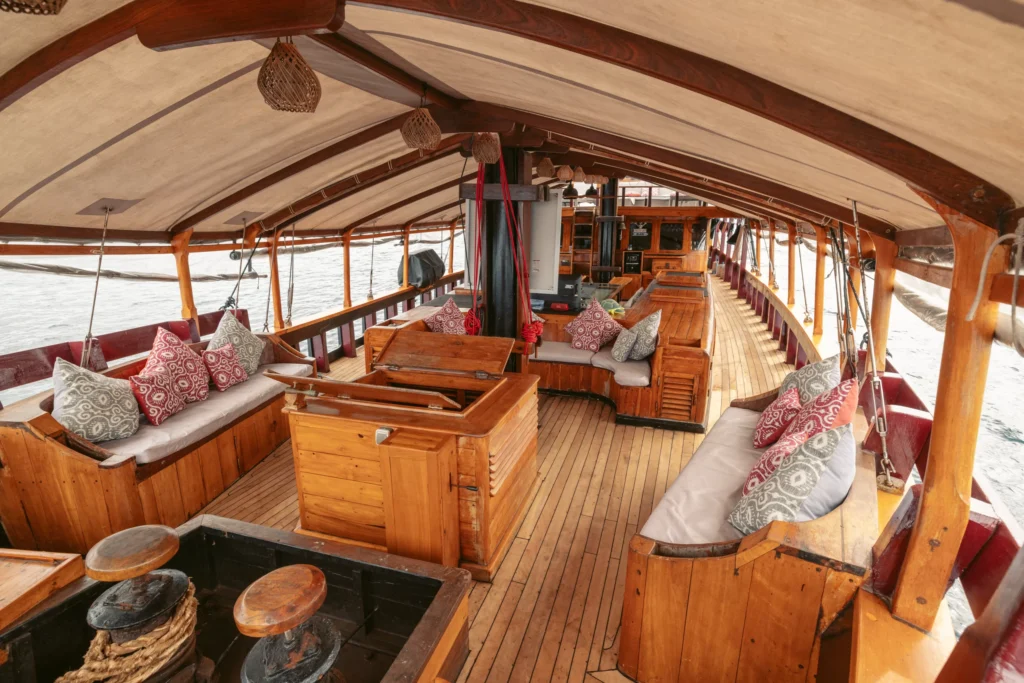 Indoor lounge with bean bags aboard Calico Jack