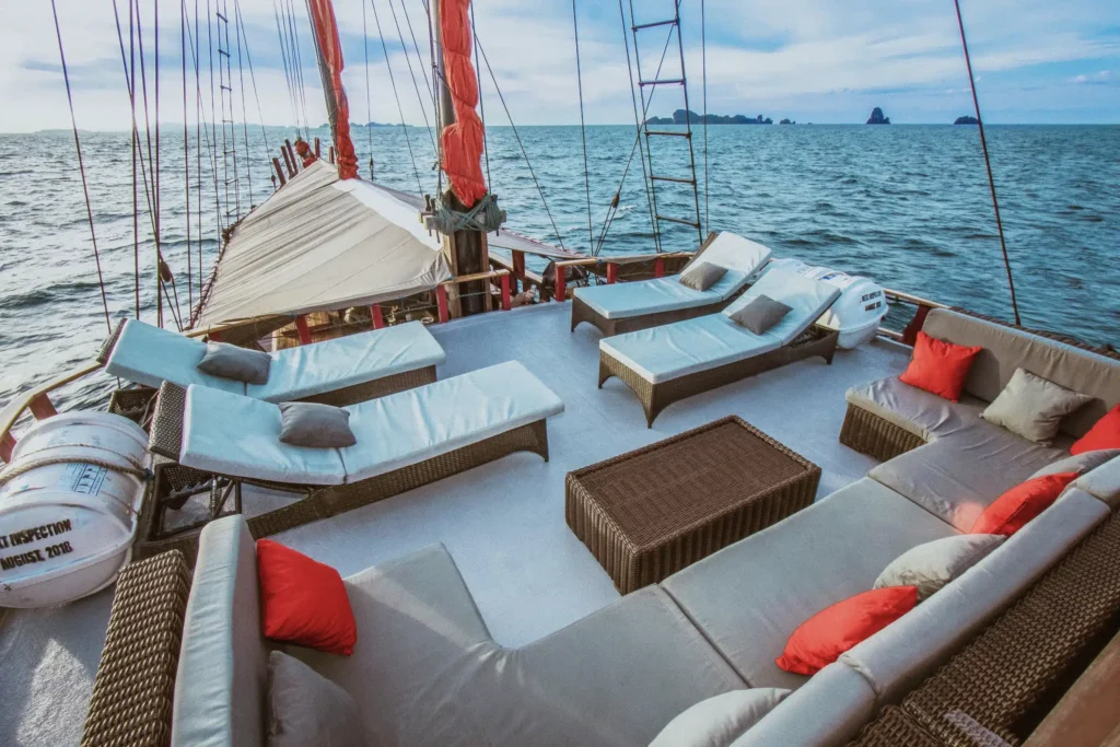 Sun deck with sofas aboard Calico Jack