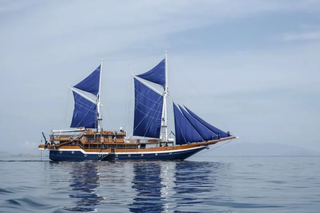 Side exterior view of Cheng Ho under blue sails