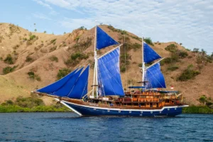 Cheng Ho phinisi at anchor beside a Komodo island