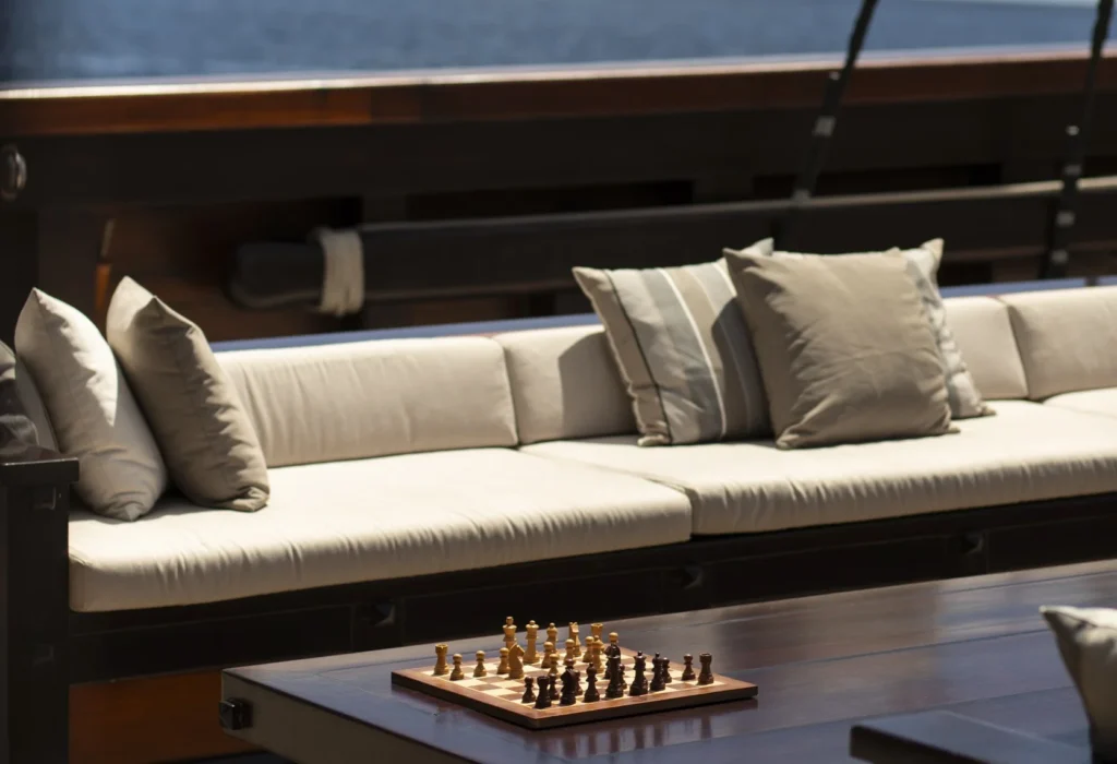 Cushioned outdoor lounge aboard Dunia Baru