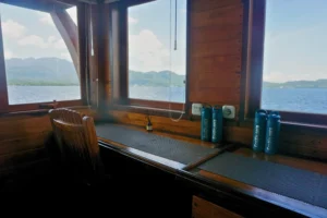 Desk in the Metroxylon sea view cabin aboard EcoXplorer