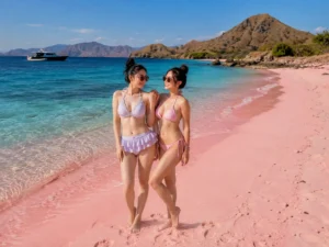 Two friends enjoying the pristine sands of Pink Beach together, a perfect destination for a Komodo private charter with a group