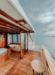 Private balcony off the Arjuna master cabin aboard Gandiva Phinisi