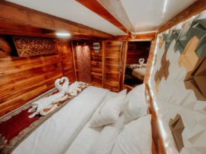 Side view of the Bima double cabin aboard Gandiva Phinisi