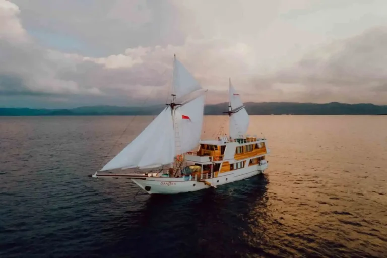 Aerial view of Gandiva with white sails raised on a calm bay below hills