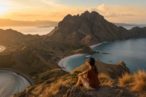 Woman sitting on the rugged hills of Padar Island overlooking the iconic three bays on the Lombok to Komodo itinerary.