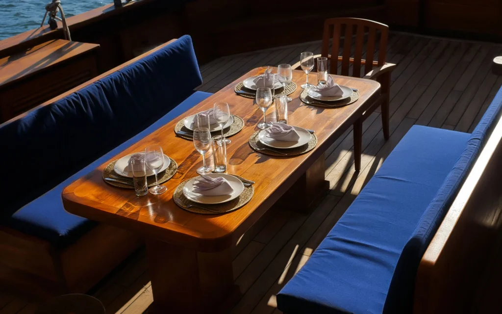 Outdoor dining table aboard Jeeva Samudera
