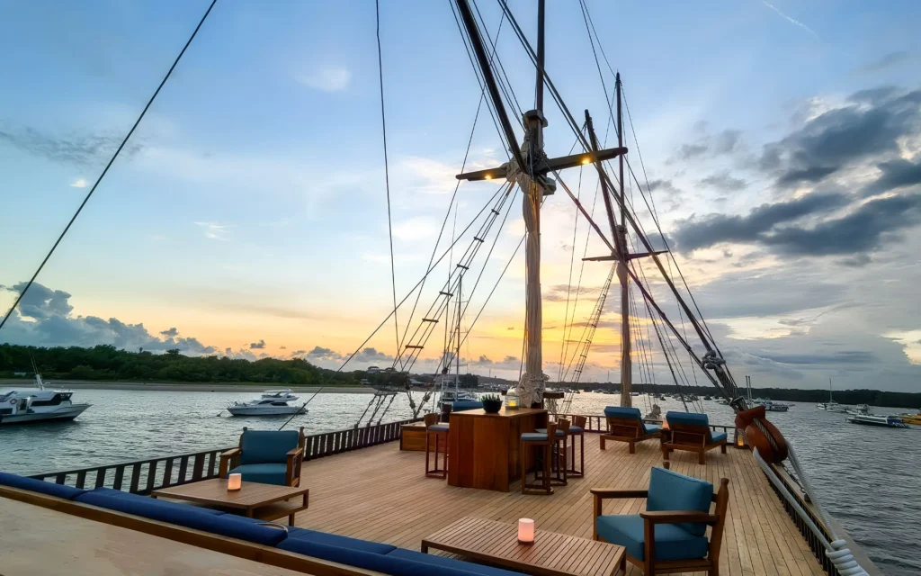 Upper deck of Jeeva Samudera at sunset