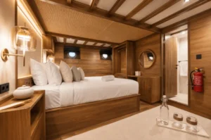 Bedding and cabin detail in the Deluxe Stateroom on KAI Voyage