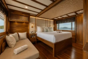 Suite 1 Stateroom with queen bed on the upper deck of KAI Voyage